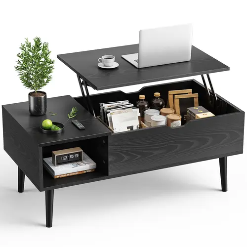 Sweetcrispy Solid Wood Height Adjustable Lift-Top Coffee Table - 6.3" Desk Height, Angled Legs, Subtle Texture, 2 Side Shelves, Hidden Storage, Simple Style Living Room Decor Centerpiece for Dining, Reception Use