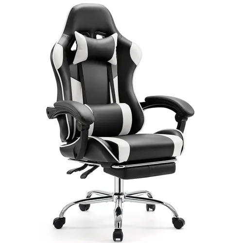 Sweetcrispy Sturdy Ergonomic PU Leather Computer Gaming Chair - 26x25x48", 250 – 299 Lb Capacity, Height-Adjustable Office Chair with 360° Swivel Quiet Rubber Casters, Footrest, Headrest, Wing Support, High Resilience Cushioning, Easy Setup