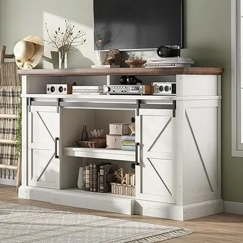 AMERLIFE 66in Wooden TV Stand - Rustic Farmhouse Decor, 40in Tall Entertainment Center with Sliding Barn Door, Large Storage Shelves, Thick Top Panel, Raised Base, Living Room Media Console for TVs up to 75in
