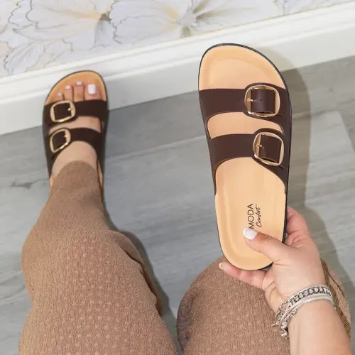 Luca - Double Strap Buckle Sandals for Women, Cork Comfort Footbed Slip-On Casual Summer Shoes, Supportive Lightweight Everyday Footwear for Walking, Vacation & Effortless Casual Style Looks