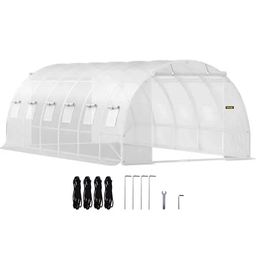 VEVOR Outdoor 20x10x7 ft Walk-in Tunnel Greenhouse, Portable Metal Plant Hot House with Galvanized Steel Hoops, 3 Top Beams, Diagonal Poles, 2 Zippered Roll-up Doors, 12 Mesh Windows, UV Shade Cover, Waterproof PE, Guy Ropes, White, All Tools Included