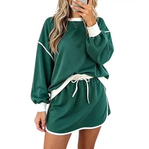 Mntaor Women's Contrast Loose Winteroutfit Long Sleeve Pullover and Lace-Up Waist Skort Set-Comfortable Fit for Chic Occasions Womenswear Outfit Basic Casual