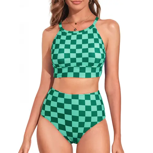 Aleumdr Women's 2-Piece High Neck, Tropical Leaf Print, High Waisted, Tummy Control, Colorblock, Quick Dry Bikini Set, Sport Swimwear for Beach Party, Summer Vacation