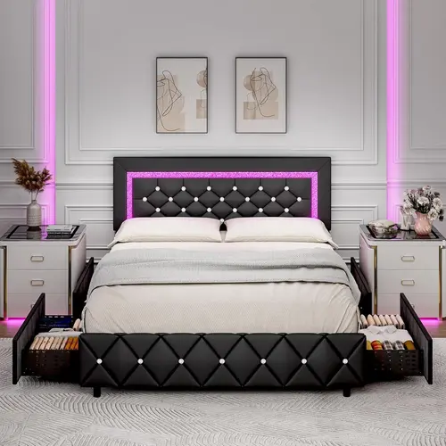 HOMBCK Queen Bed Frame - Modern Upholstered Floor Bed Frame for Bedroom Furniture, Diamond Pattern Headboard & Footboard, Soft Pad, Space-Saving Drawers, Wooden Slats, Phone-Set Lighting, No Mattress/Box Spring Needed