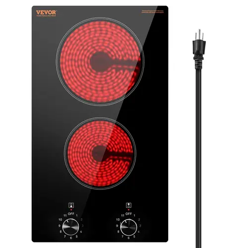 【Fallpicks】VEVOR Built-In 12-Inch 2-Burner Recessed Electric Cooktop, 1800W Max Household Appliances, Ceramic Radiant Stove Top with Glass Panel, Knob Temp Control, 11 Heat Levels, 120V 60Hz for Bake, Boil, Fry, Steam Needs