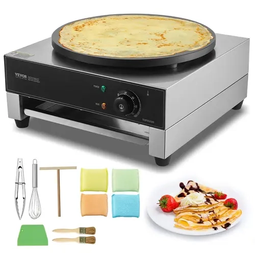 【Fallpicks】VEVOR 16-Inch Electric Crepe Maker - 1700W Commercial Nonstick Stainless Steel Circular Griddle Kitchen Appliance, Countertop Model with Temp Control, Beep Alerts, 16in Spreader, Cooks Crepes Eggs Bacon & More for Family Gatherings, Kitchen App