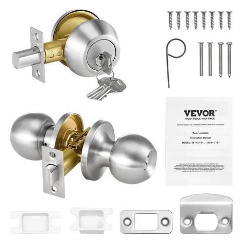 【Fallpicks】VEVOR Doorknob & Single Cylinder Deadbolt Set, Satin Nickel Entry Lockset with Adjustable Latch, Anti-Saw, Solid Copper Resists Daily Wear, Burglary Protection, Standard Holes, Fits 1-3/8" to 1-3/4" Door Thickness, for Front Doors