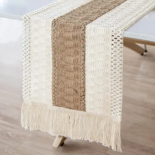 Natural Burlap Boho Macrame Rectangle Table Runner (72"x12") - 100% Cotton Thread, Durable Rustic Woven Fabric, Tassels, Flower Plant Motifs, Handmade Charm, Aesthetic Home Decor, Cozy Kitchen Accessories, Farmhouse Home Goods