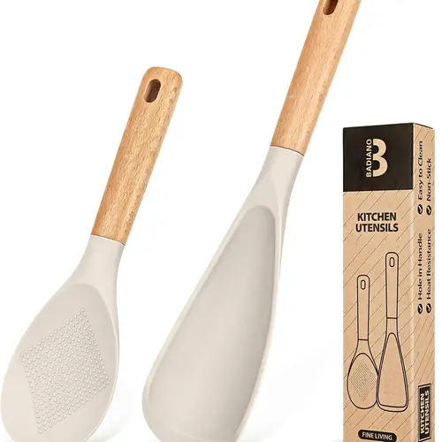 BADIANO Cooking Spoon and Rice Scooper for Nonstick Cookwares, Great for Cooking and Serving Durable BPA-Free Matte Silicone, Wood Handle Spoon for Mixing, Scoop, and Scrape