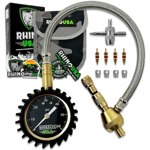Rhino USA Rapid Tire Deflators with Gauge (0-60psi) Automatic & Adjustable Tire Air Down Tool - Large 2" Easy Read Glow Dial & Solid Brass Hardware