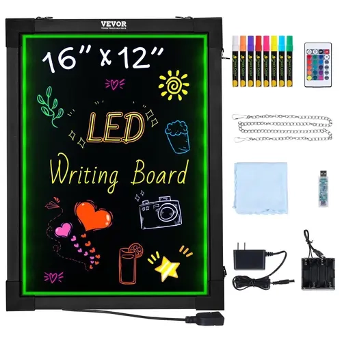 【Fallpicks】VEVOR LED Erasable Write Board, 16"x12" Tempered Glass Illuminated Sign with Neon Effect, 8 Fluorescent Chalk Markers, Remote Control, Battery Box, Power Bank, 16 Colors, 4 Modes, Dust-Free Easy Clean for Shop, Kids Art