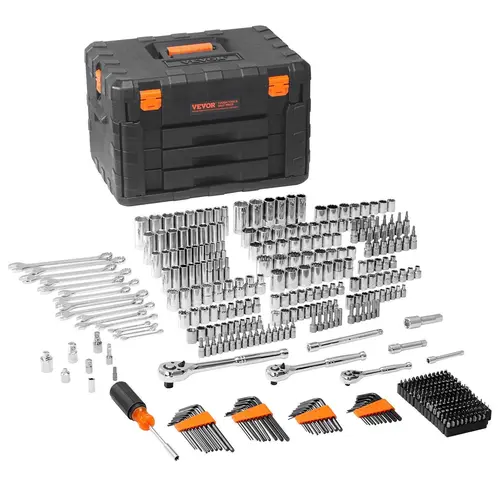 VEVOR Mechanic Hand Tool Kit with Tool Box, 1/4"-3/8"-1/2" Drive Deep & Standard Sockets, SAE & Metric Set, Full Set Bits, Combination Wrenches, Hex Wrenches & Accessories for Auto/Home Fix Storage Case