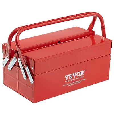 【Fallpicks】VEVOR 14" Durable Metal Cantilever Toolbox, 2-Tier 3-Trays Portable Folding Tool Storage Kit with Handle & Lock Hole, 14x7.87x6.5in Powder Coated Steel with Smooth Opening, Bottom Deep Storage, 5.3 lbs for Household Repair Shop, Red