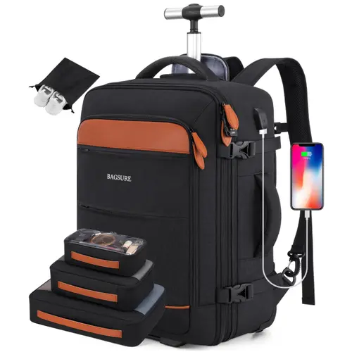 BAGSURE Rolling Backpack with Wheels 17.3 Inch Carry-On Laptop Backpack for Men Women Large Capacity Durable Travel Backpack with USB Port & Anti-Theft Features,summerwins,vacationoutfits,beachoutfits