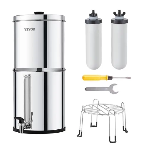 VEVOR Gravity Feed Water Purifier, 2.25 gal Cap. 304 Stainless Steel Countertop Model for Camping & Off-Grid Living (1-4 People), 2 Ceramic Carbon Filters, 99% Chlorine Removal, Lead Reduction, Visual Spigot, Stand