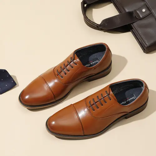 BRUNO MARC LOUIS_2 Brown Men's Lace-Up Oxfords - 1in Synthetic Cap Toe Fashion Leather Footwear, Durable Outsole Walking Shoes for Business Casual Outfits, All-Season Lace-Up Fastener Men's Shoes