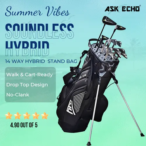 Ask Echo Soundless Hybrid Stand Bag - Black, Essential Golf Gear with Adjustable Strap, Auto-Fit Straps for Walk & Cart Use