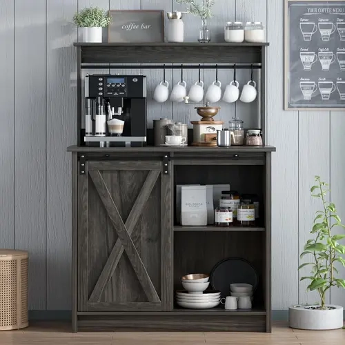 HOMBCK 50 In Farmhouse Coffee Bar Station Cabinet - Sturdy Wood Storage Design Furniture, 6-Hook Mug Storage, Classic Barn Door, Adjustable Shelves, Kitchen to Living Room Use, Assembly Required