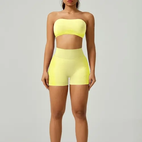 Women's Solid Cross Back Bandeau Top & High Waist Shorts Sportswear Set, Sports Activewear Set, Sporty Casual Breathable Comfortable Two-piece Outfits Workout Sets for Yoga Gym Workout Running