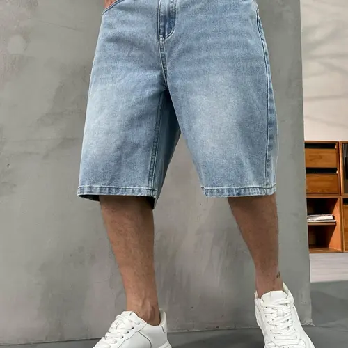 Men's washed retro Vintage color natural light wash denim shorts, Jean, trendy, versatile, loose straight-leg casual streetwear denim five-point pants
