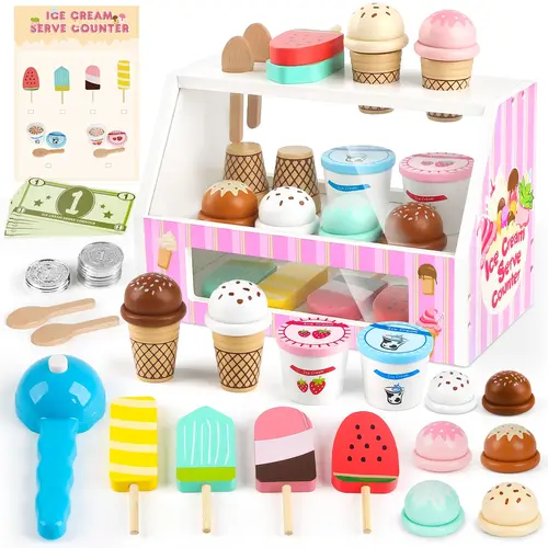 Dreamon Eco Wooden Ice Cream Counter Playset - 38 PCS Wooden Play Food Toddler Toys for 4-8 Years Kids, 2.98lbs 10*7*6 Inches Set with 10 Pretend Dollars, 6 Toppings, Ideal for Christmas, Birthday Gifts