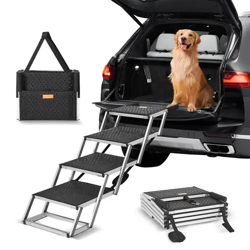VEVOR 4-Step Wide Dog Car Stairs, Foldable Lightweight Aluminum Pet Ramp (25.4"/645mm Height, 30.9"/785mm Length, Lowangle 24" Entry) with Nonslip Surface, Foam Grip Handles, Height Adjust, Portable Car Trunk/SUV/Truck Accessory (150 lbs Capacity)