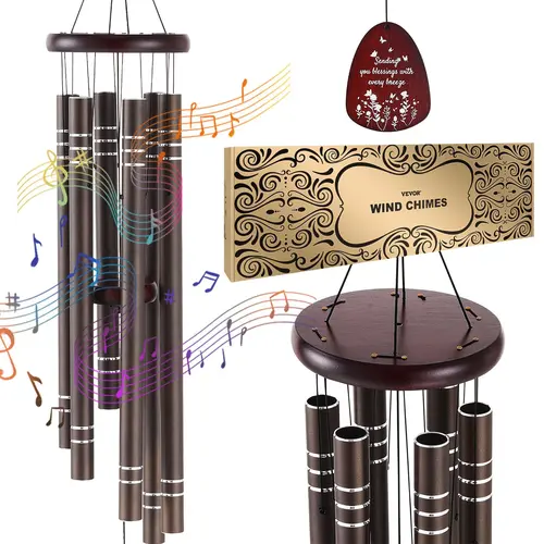 VEVOR 42-inch Hand-Tuned Aluminum Outdoor-Ready Wind Chimes, 1067mm Calm Deep Tone 6-Tube Memorial Decor with 19.6" Long Tube, Dark Brown Garden Accessories for Anniversaries & New Home