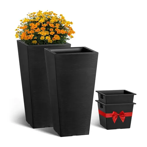 VEVOR 2-Pack 22in Tall Durable PP Plastic Tapered Square Planters, Black Modern Minimalist Wind-Sun Resistant Pots with Built-in Drainage Hole & Planting Box, for Patio Balconies (Tool Upgrade)