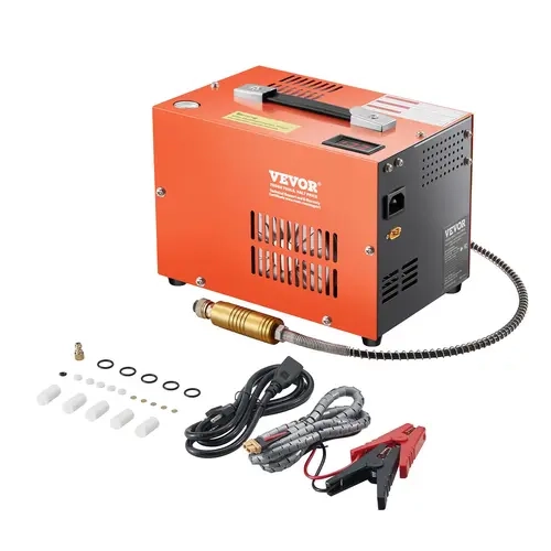 VEVOR Dual Power Portable PCP Air Compressor 4500PSI/30Mpa, DC12V/AC120V with Built-in Converter, Fan Cooling, Manual-Stop, 8mm Quick-Connect High-Pressure Hose, Battery Clamp, Accessories Set for Outdoor Users, Paintball Tank Fill, Airgun