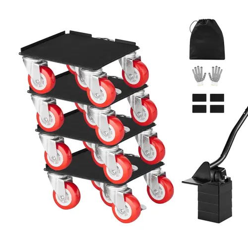 【toolupgrade】VEVOR Heavy-Duty Furniture Dolly Set, 5-in 360° Rotation Wheels, 5-Wheel Design, Carbon Steel Panel, Dual Brakes Lift Slider with L-Shaped Edges, 3474 lbs Max Load, Multi-Surface Compatible for Home Use & Warehouse Organization