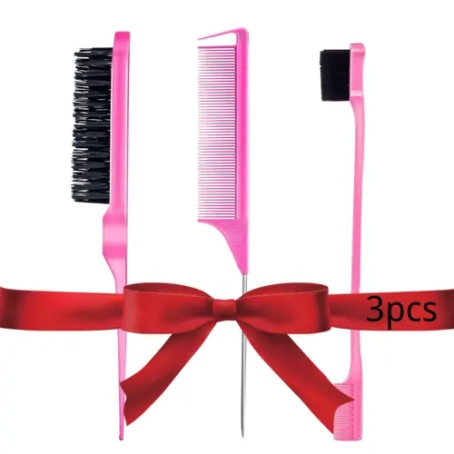 3 Count Comb Set for Teasing Edge and Rat Tail Comb and Edge Combs Hair Stick for Styling Women's Haircare (Pink)
