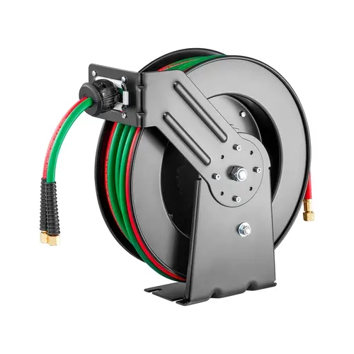VEVOR Retractable Welding Hose Reel, Welding Accessories, 1/4-Inch x 50FT Twin Oxygen Acetylene Rubber Hose, 300 PSI Max R Grade, Steel Frame Ceiling/Wall Mount, Heavy Duty Auto-Rewind, 4 Non-Snag Rollers, Ideal for Workshops