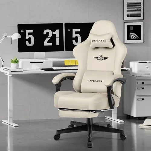 GTPLAYER Reclining Fabric Ergonomic Computer & Video Gaming Chair - Big & Tall 350LBS High Back Office Game Desk Chair with Pocket Spring Cushion, Footrest, Springtok Design