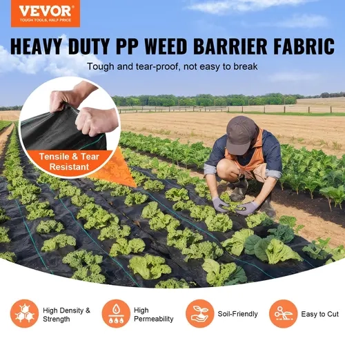 【toolupgrade】VEVOR Premium Heavy Duty High Density Outdoor Polypropylene Weed Barrier Landscape Fabric, 5oz-5.8oz Precision-Cut 13x108 ft Industry-Grade Woven Geotextile, Easy Installation, Gravel Underlay, Airflow, Promotes Nutrient Circulation