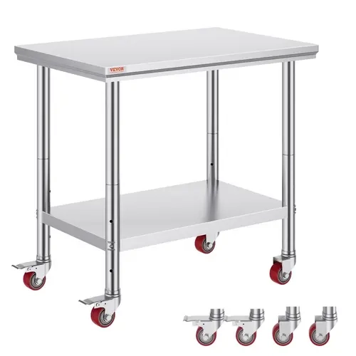 VEVOR Durable Corrosion-Resist Stainless Steel Commercial Food Prep Work Table, 2-Layer with 4 360° Smooth Rolling Transport Wheels, Adjustable Freestanding Storage Shelf, 15.7-22 in Organiser, 29.9x18.1x1.6 in, 352 lbs Capacity for Commercial Kitchen Use
