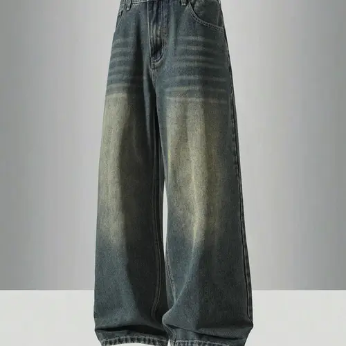 Men's vintage washed loose straight-leg jeans, casual four-season street style, zipper fly, plain pattern, Pocket, daily wear denim pants. If you prefer a looser fit, order one size larger.