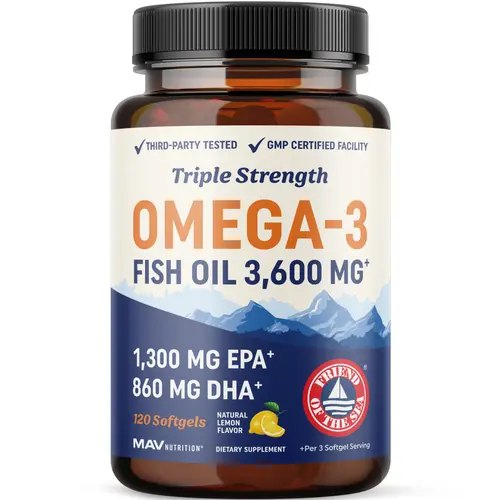 MAV Nutrition Triple Strength Omega-3 Fish Oil Health Supplements, 3600 mg EPA & DHA, Wild Caught Sustainably Sourced Premium Burpless, Clean-Label-Certified Dietary Supplement