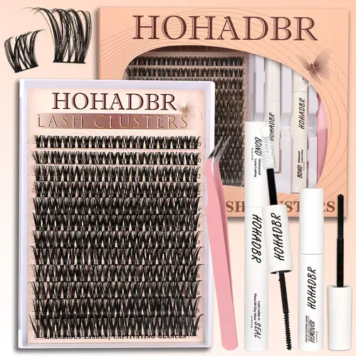 HOHADBR 0.05mm Lash Cluster Kit - Natural, Fluffy, Wispy Eyelash Clusters (8-16mm), Waterproof Bond & Seal, Applicator, Thick False Eyelashes Set for DIY Extensions