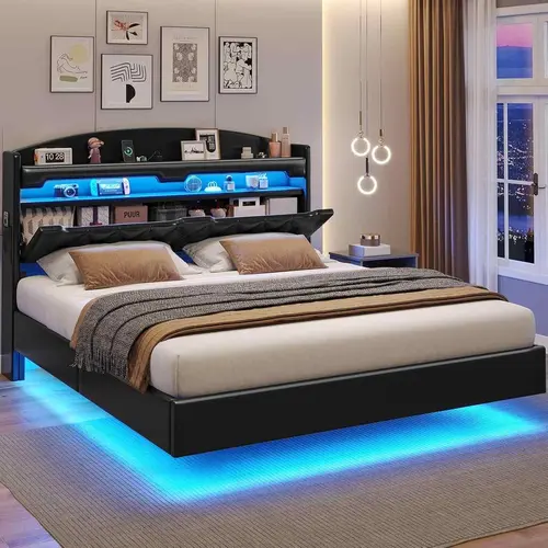 SIKAIC Queen Size Modern Upholstered Floating Metal Bed Frame - Sturdy PU Leather Bed with Color-Changing LED Lit Headboard, USB Charging Station, Storage, Space-Saving Indoor Furniture (DIY Assembly Required)