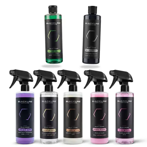 BLACKLINE Professional-Grade Car Wash Set - 6 Essential Car Cleaning Agent Bottles: Foam Cleaner Spray, Wheel & Tire Dressing, All-Purpose Solution, Crystal Glass Cleaner, Blackout Trim Treatment, Quick Detailer Complete Chemical Solution for Vehicles