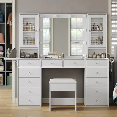 FUSOU 55"W Vanity with Power Outlet [Shipping By 2 Packages] Vanity Desk with Mirror and 10 LED Lights, Makeup Vanity with 12 Drawers and 2 Cabinets, Fold-up Panel, Glass Top Vanity Table with Chair for Bedroom,Deals For You Days
