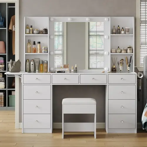 FUSOU 55"W Vanity with Power Outlet, Vanity Desk with Mirror and 10 LED Lights, 10 Drawers Makeup Vanity with 6 Shelves, Fold-up Panel, Vanity Table with Chair for Bedroom,Deals For You Days