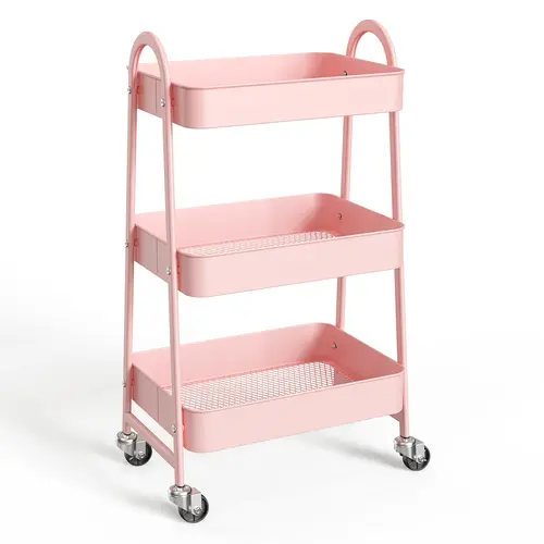3-Tier Stable Metal Rolling Cart, Freestanding Floor Standing Compartmentalized Utility Trolley with Locking Transport Wheels, Narrow Home Organizer Storage Rack for Bathroom, Bedside Use