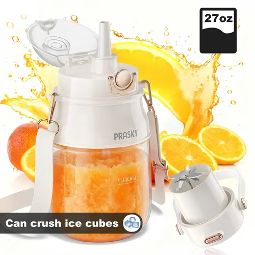 Prasky Grey Portable Blender - 27oz Type-C Rechargeable Powerful Juicer Machine, Home Multifunction Juicer with Mixing Function, Blender Jug, Extra Lid, Shoulder Strap, Dishwasher-Safe Parts, Kitchen Accessories for Family, Gym, Travel