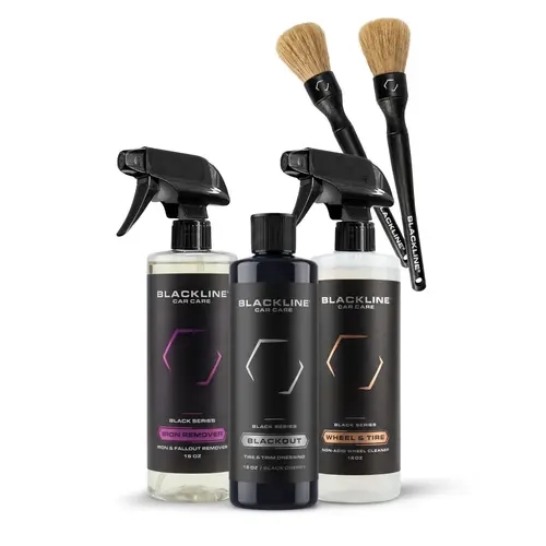 BLACKLINE All-in-1 Pre-Packaged Car Wheel & Tire Detailing Kit Set - Safe Wheel Cleaning, Car Cleaner, Color-Changing Iron Remover, UV Protection Blackout Tire Dressing, Boar’s Hair Soft Bristles Brush, Mitt