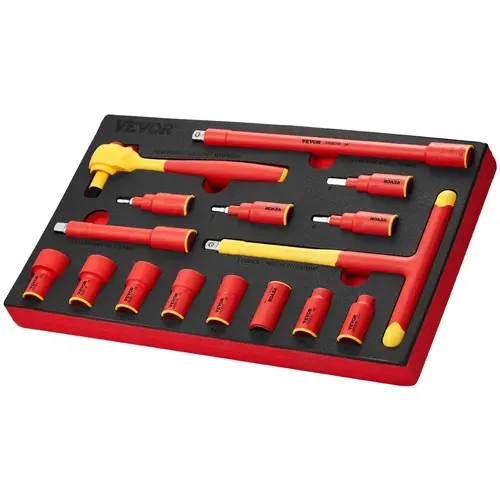 VEVOR 16-Piece Full-Insulated 1000V 3/8-Inch Drive Ratchet & Socket Set, T-Handle Wrench Repair Toolkit, VDE & GS Certified TPR+PP Ergonomic Handle, Easy-Identify Sizes, Vibration Absorption, Fatigue Reduction, Ideal for Automotive Repairs