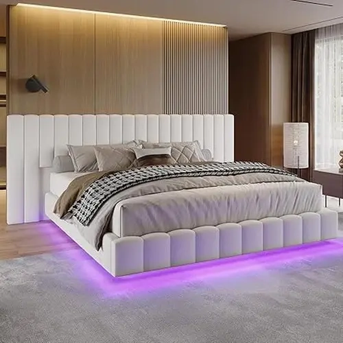 VanAcc Upholstered Bed Frame with Oversized Headboard, Floating Design, RGB LED Lights, Velvet Channel Tufted Platform, No Box Spring Needed #TikTokShopFallDealsForYou