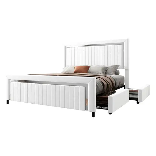 VanAcc Upholstered Platform LED Bed Frame with 4 Storage Drawer, Adjustable Headboard with Vertical Channel, No Box Spring Needed/Christmas Gift #TikTokShopFallDealsForYou