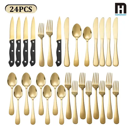 24-Piece Gold Stainless Steel Flatware Set, Dishwasher Safe Cutlery Set, 4 Steak Knives Included, Elegant Dinner Utensils, Gold-Tone Dinner Sets for Home Kitchen, Daily Use, Restaurant, Party, Wedding Use,