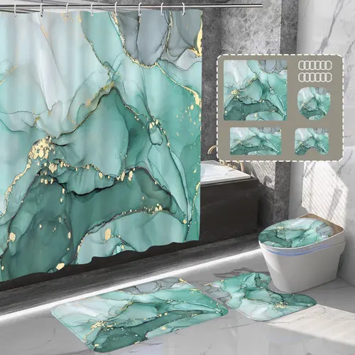 Cyan Marble Wind Bathroom Decoration Set, Light Luxury Shower Curtain, Toilet Cover Mat, U-shaped Mat, Bath Mat, Exquisite Bathroom Life